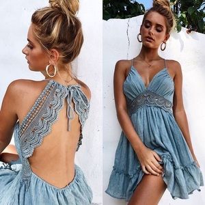 Boho Dusty Blue Prairie Dress [M]